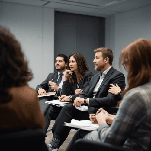 Teilnehmer in einem offenen Lean Management Seminar im Austausch und in konzentrierter Lernatmosphäre